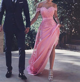 Satin Off Shoulder Cap Sleeves Long Prom Dresses With Appliques,